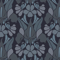 Additional view of Dragon Flower Wallpaper, showing large-scale repeating symmetrical floral motif in navy and terracotta.