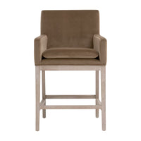 Drake Counter Stool, shown in taupe and light gray with fabric, wood, and fixed arms.