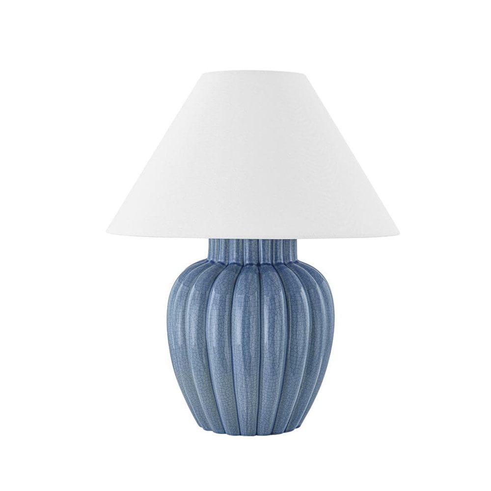 Clarendon Table Lamp, shown in blue and white with ceramic, fabric, and a freestanding weighted ceramic base.