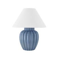 Clarendon Table Lamp, shown in blue and white with ceramic, fabric, and a freestanding weighted ceramic base.