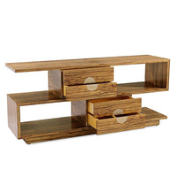 Vero Console Table, shown in medium amber brown and golden oak brown with wood and aluminum.