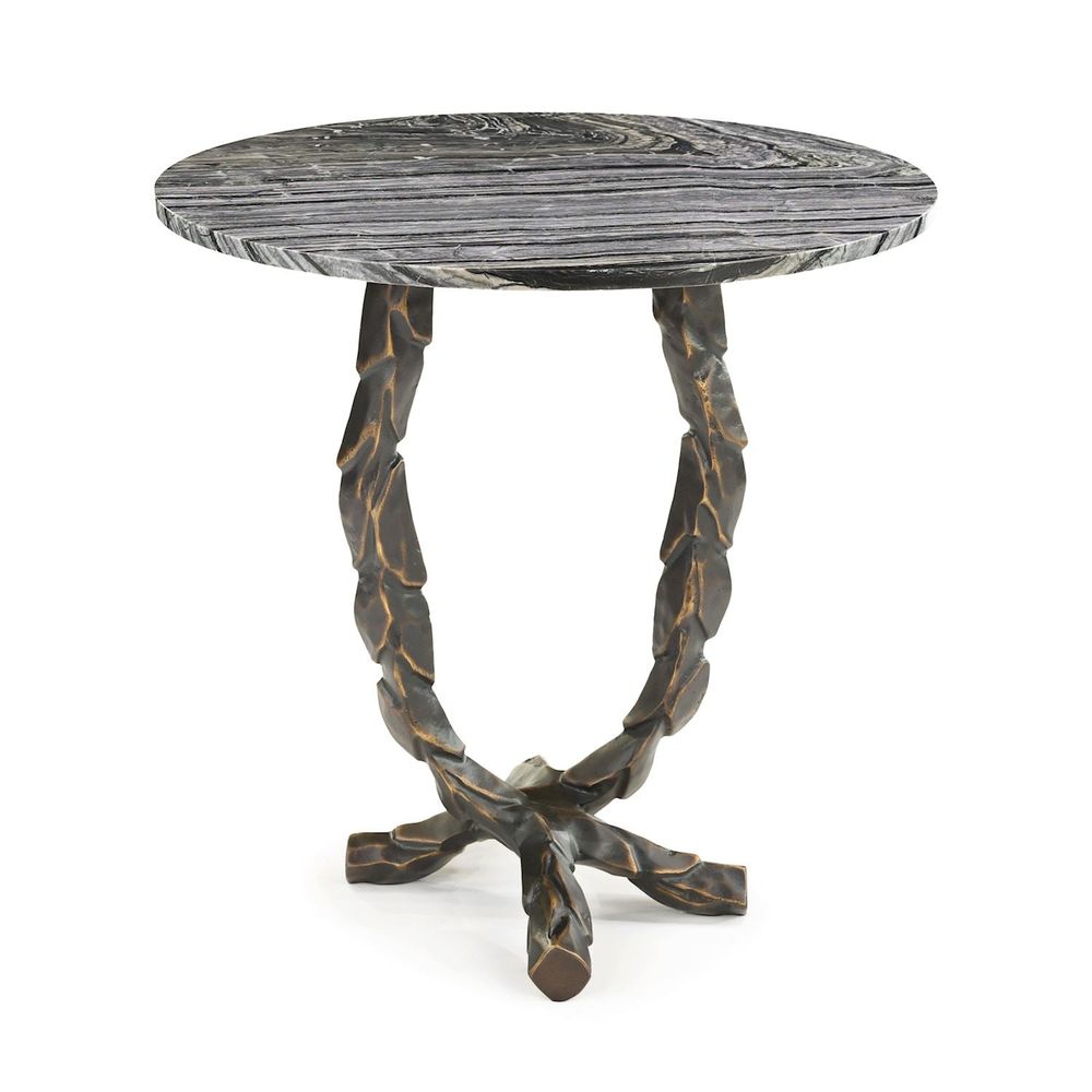 Moore Bronze Orb Table, shown in black and charcoal gray with marble, metal, and circular fixed tabletop.