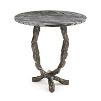 Moore Bronze Orb Table, shown in black and charcoal gray with marble, metal, and circular fixed tabletop.