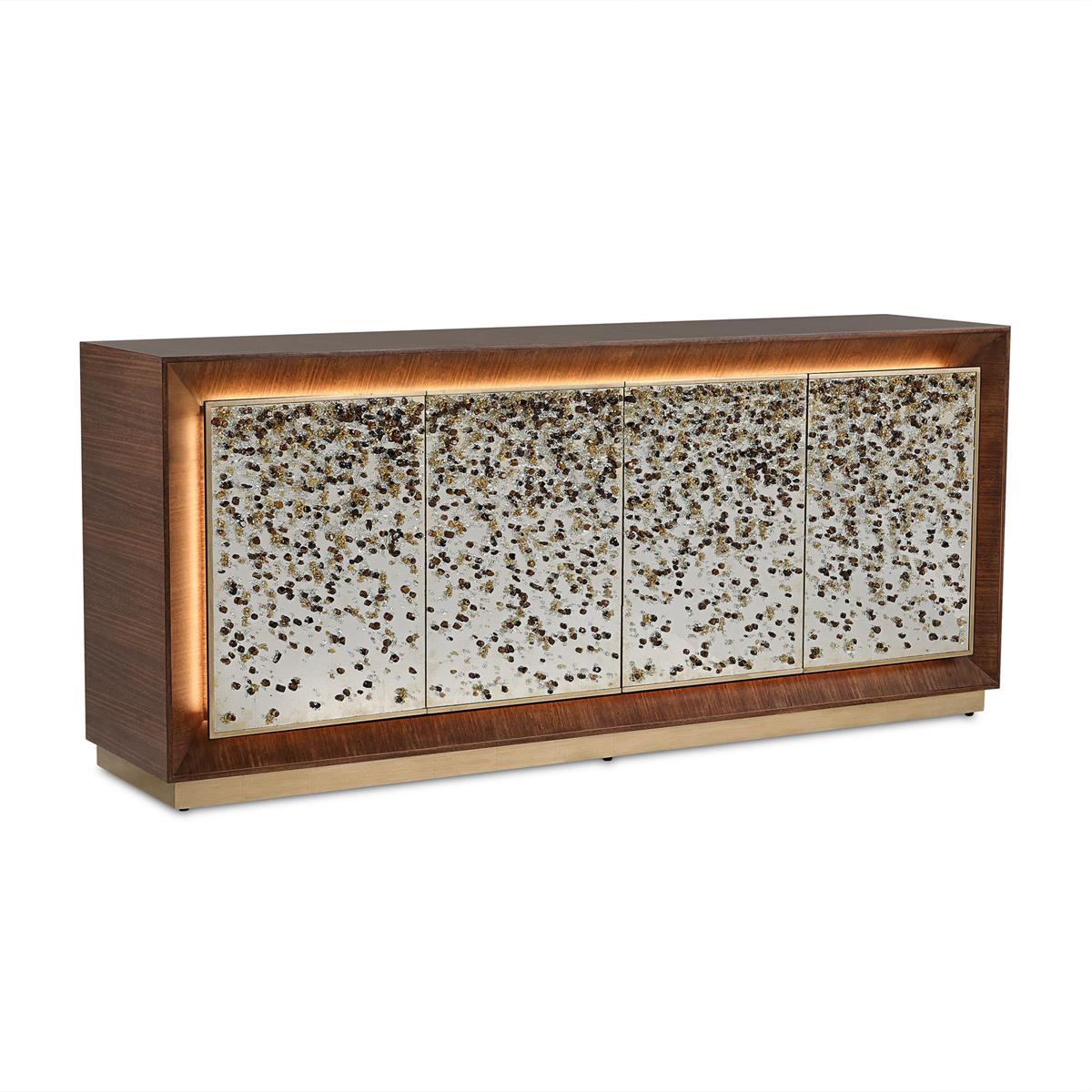Alternate view of Macallan Four-Door Lighted Credenza in dark brown and antique mirror silver.