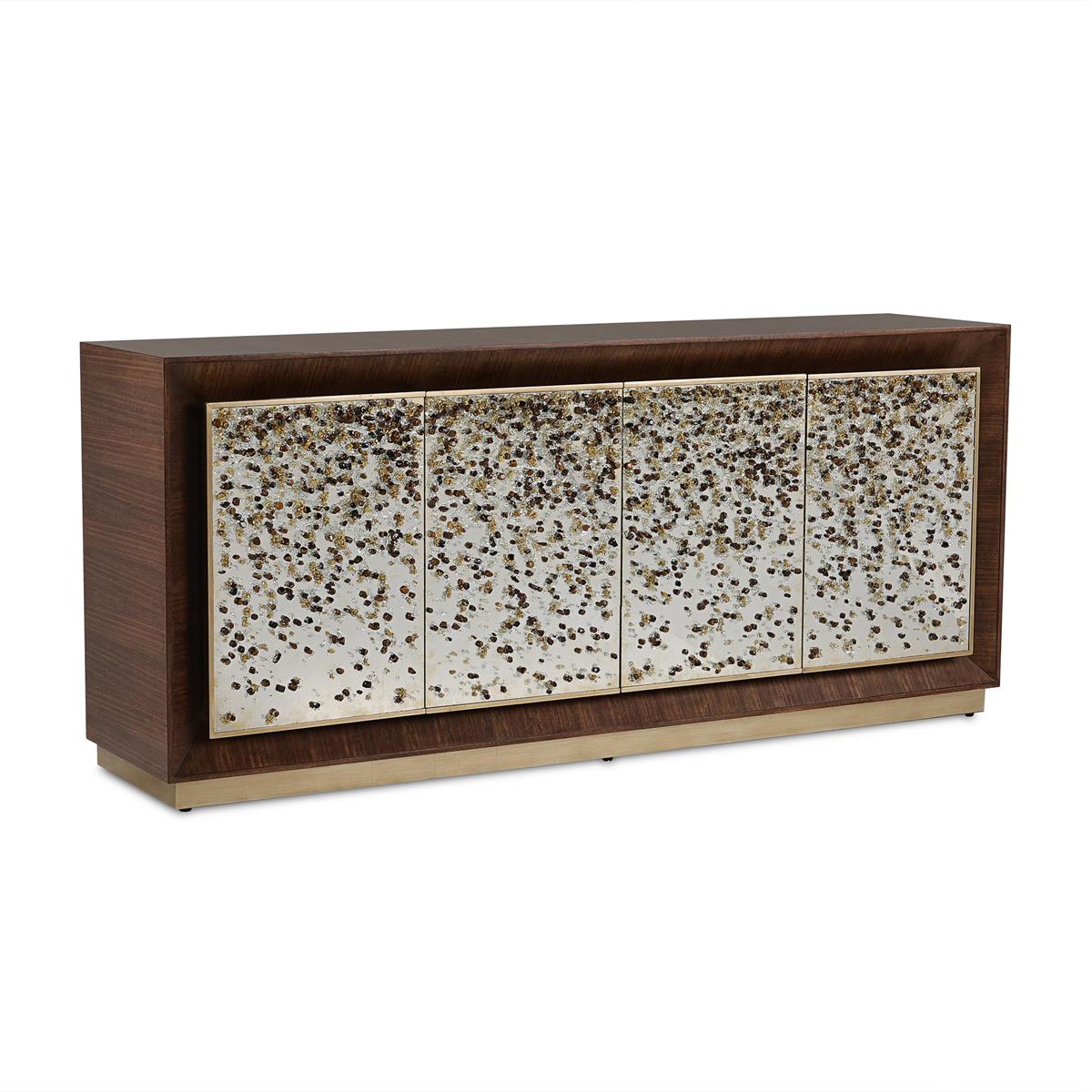 Macallan Four-Door Lighted Credenza, shown in dark brown and antique mirror silver with wood veneer and églomisé glass.