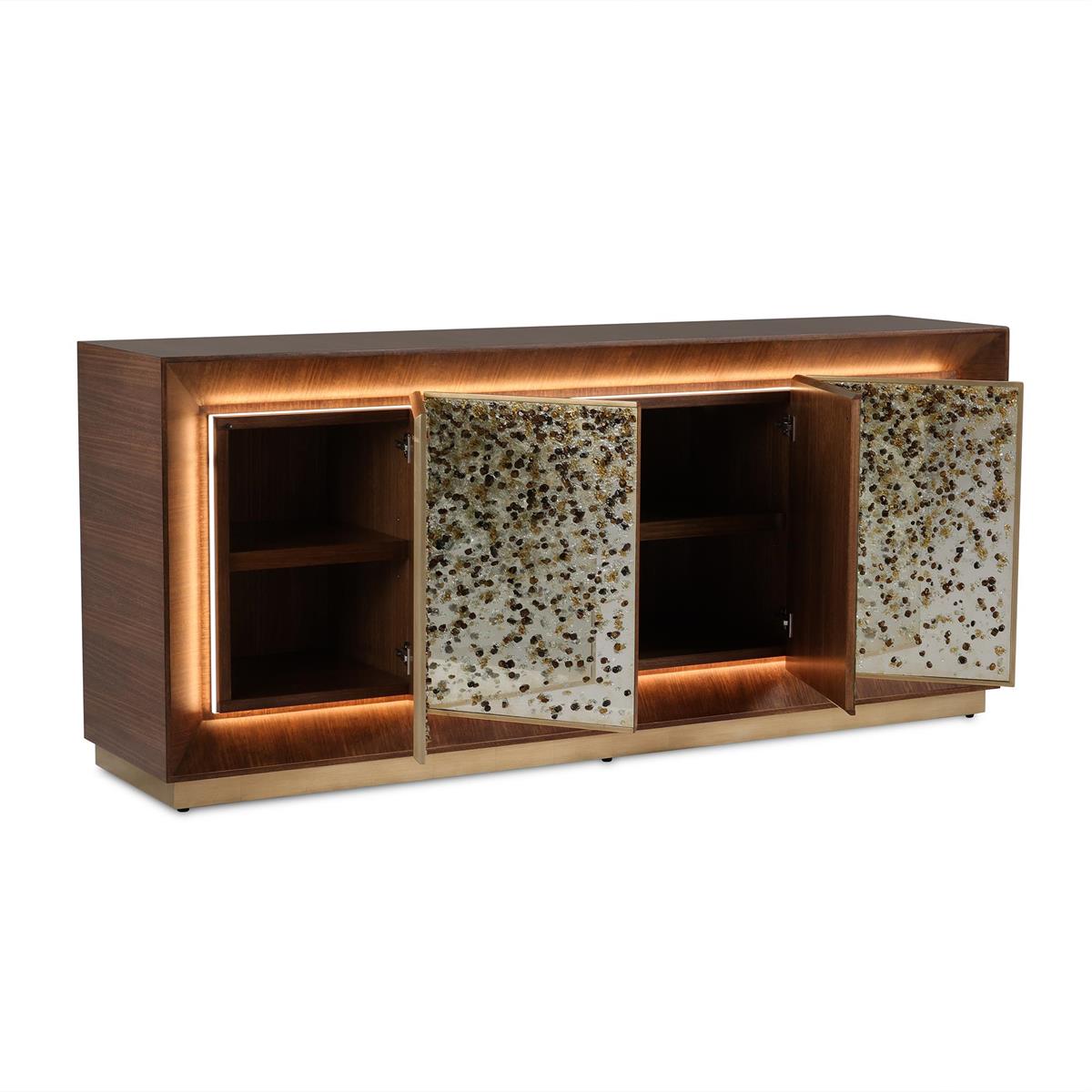 Additional view of Macallan Four-Door Lighted Credenza in dark brown and antique mirror silver.