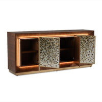 Additional view of Macallan Four-Door Lighted Credenza in dark brown and antique mirror silver.