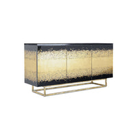 Faro Three-Door Credenza, shown in black and gold with lacquered wood, metal, and three hinged doors.