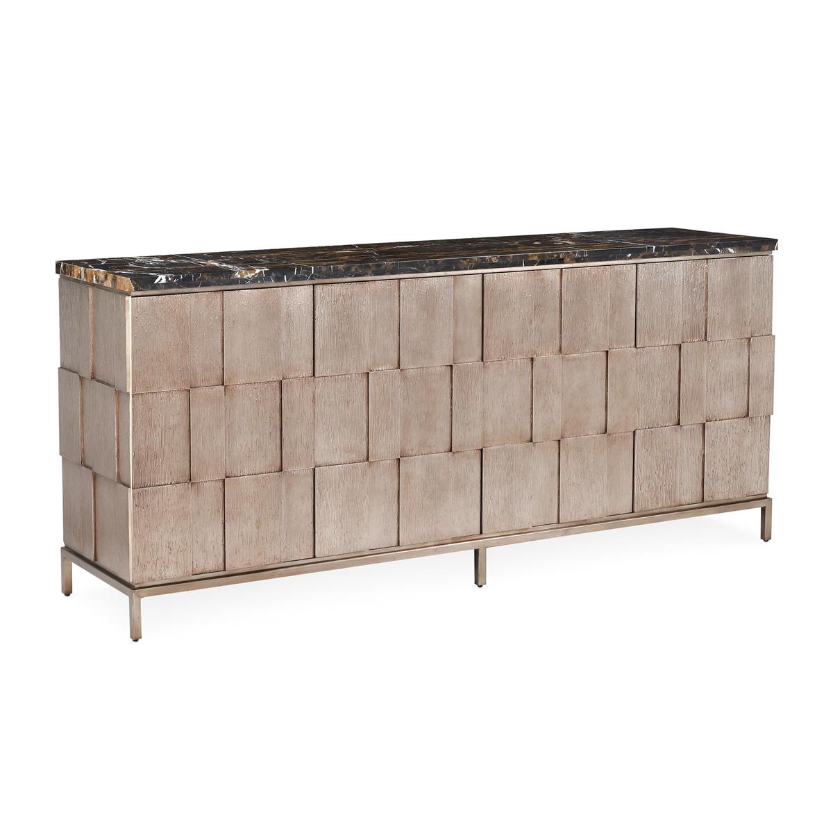 Vigil Four-Door Sideboard, shown in taupe and beige with marble, wood composite, and four hinged cabinet doors.