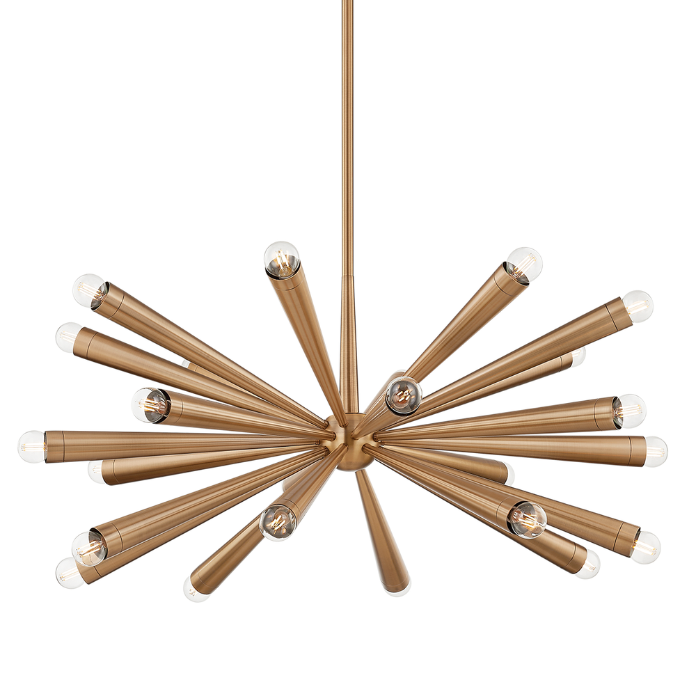 Keanu Chandelier, shown in patina brass and warm gold with brass, metal, and ceiling-hung pendant stem.