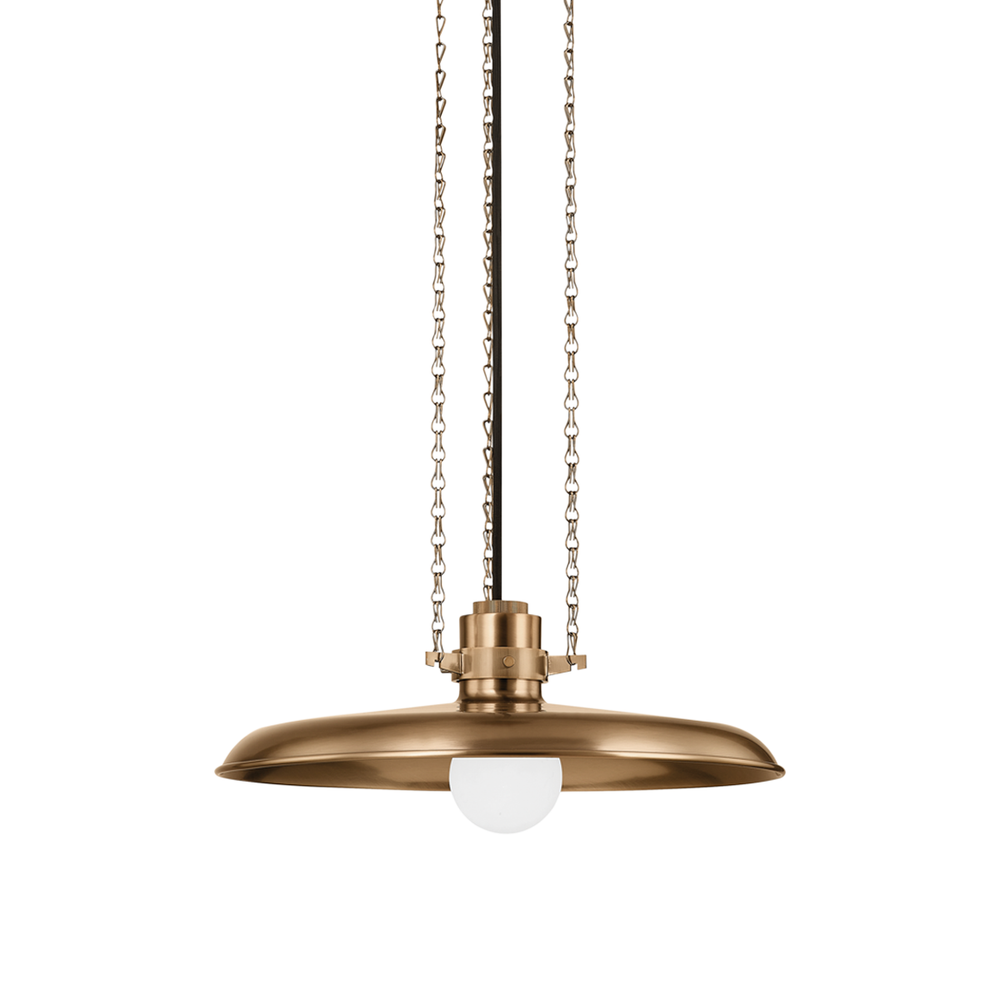 Rainhill Pendant, shown in brass and gold with metal, brass, and a ceiling canopy mount.