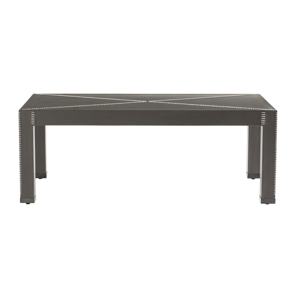 Alonso Cocktail Table, shown in charcoal gray and black with leather, wood, and fixed square legs.