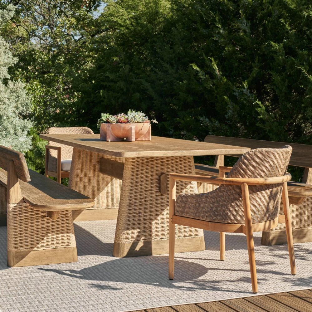 Alternate view of Yvette Outdoor Dining Table in natural oak and sand beige.