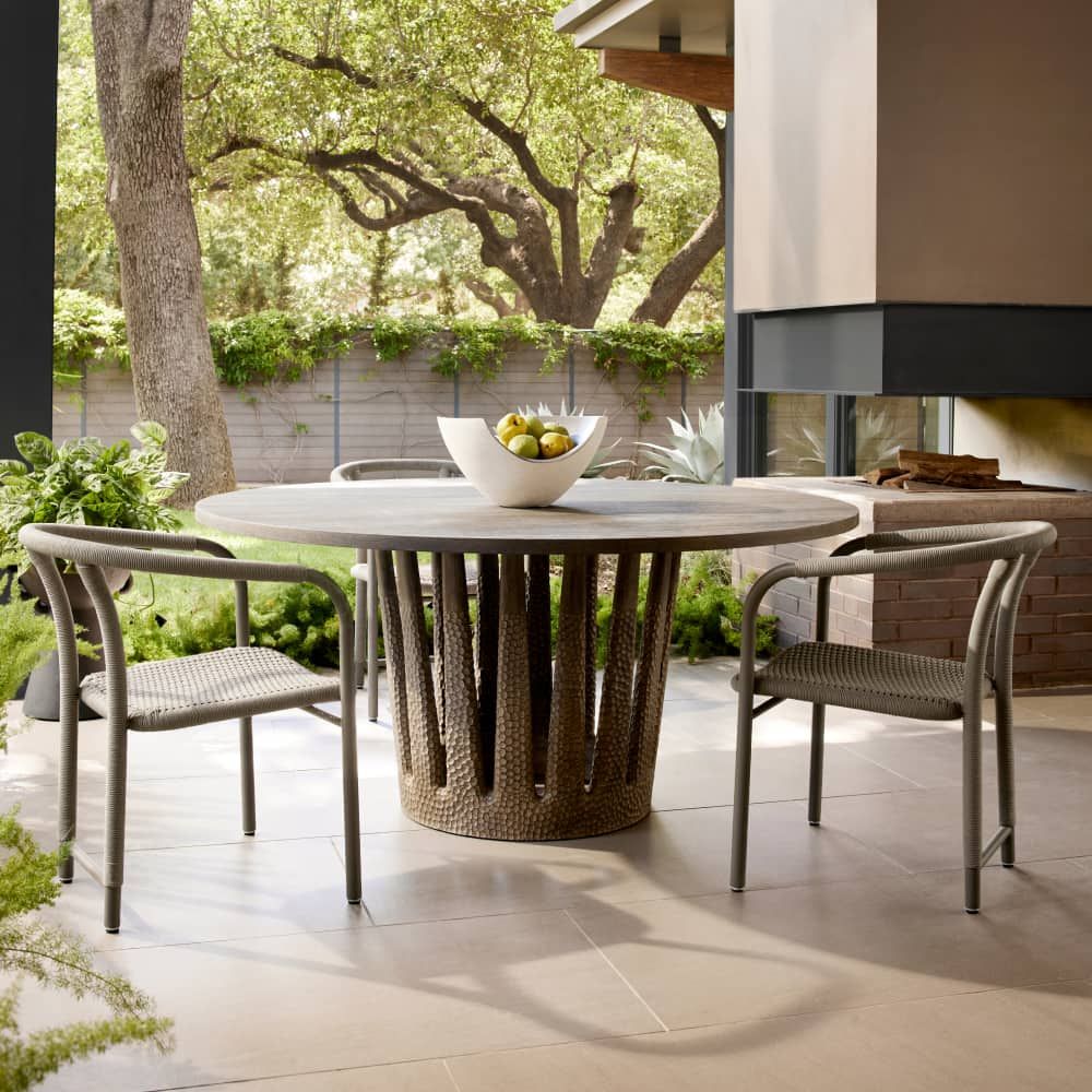 Alternate view of Villard Outdoor 65" Round Dining Table in warm gray-brown and taupe.