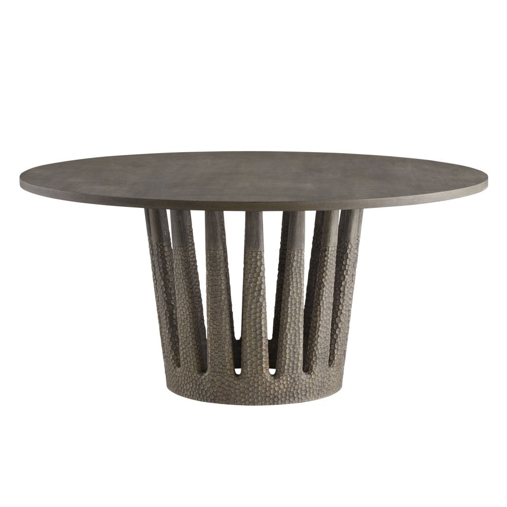 Villard Outdoor 65" Round Dining Table with wood, textured composite or cast resin base, and a round pedestal base.