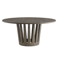 Villard Outdoor 65" Round Dining Table with wood, textured composite or cast resin base, and a round pedestal base.