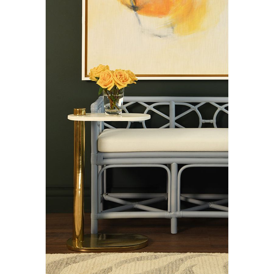 Decorative Bench With Performance Ivory Cushion In Rattan In Light Blue