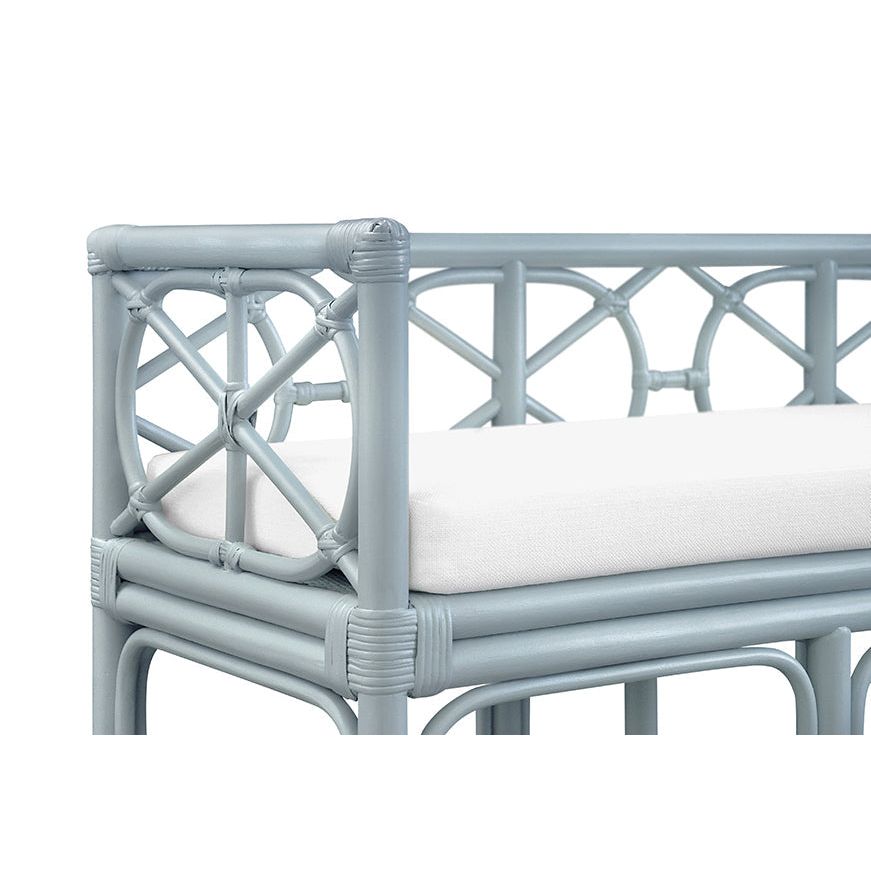 Decorative Bench With Performance Ivory Cushion In Rattan In Light Blue
