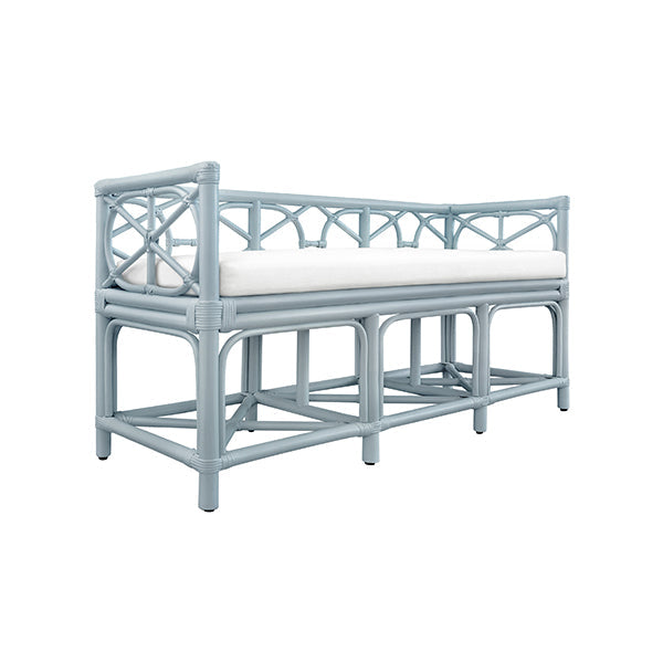 Alternate view of Decorative Bench With Performance Ivory Cushion In Rattan In Light Blue in light blue and ivory.