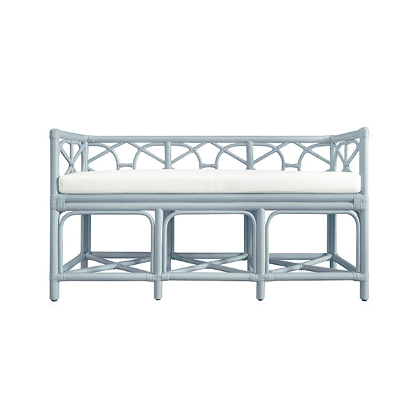 Decorative Bench With Performance Ivory Cushion In Rattan In Light Blue with rattan, fabric cushion, and fixed arms.