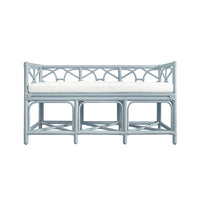 Decorative Bench With Performance Ivory Cushion In Rattan In Light Blue with rattan, fabric cushion, and fixed arms.