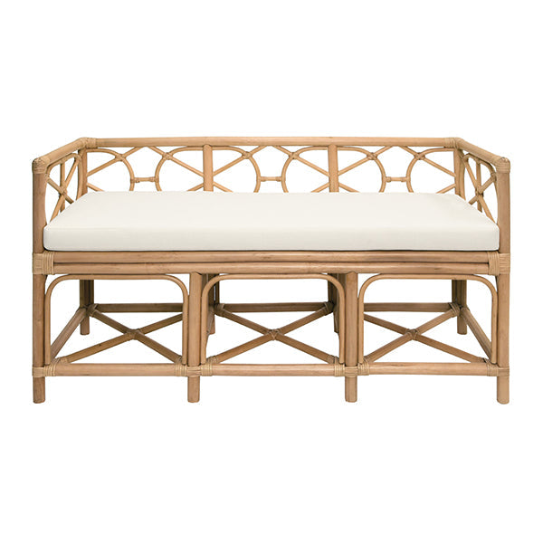 Decorative Bench With Performance Ivory Cushion In Rattan, shown in blonde tan and ivory with rattan, fabric, and fixed arms.
