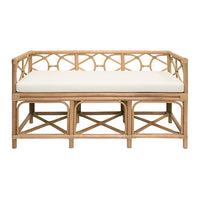 Decorative Bench With Performance Ivory Cushion In Rattan, shown in blonde tan and ivory with rattan, fabric, and fixed arms.