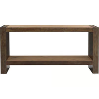 Wyatt Console, shown in medium natural wood tone and rusted brown metal with solid wood, metal, and open lower shelf storage.