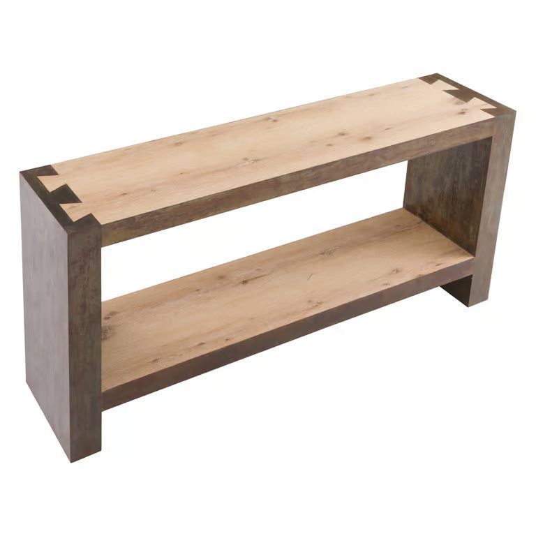 Alternate view of Wyatt Console, featuring oxidized patina, solid wood, metal, and open lower shelf storage.