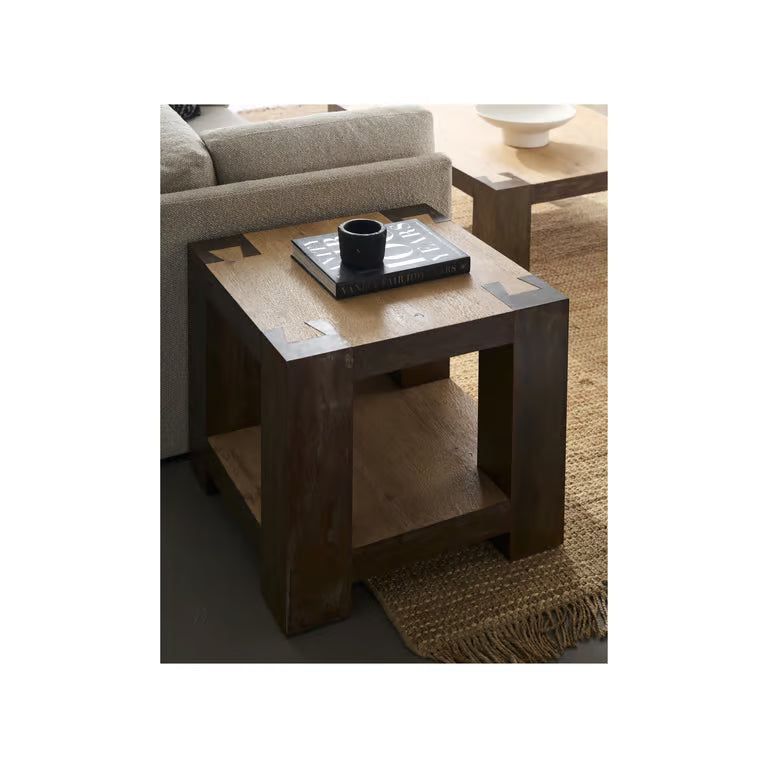 Alternate view of Wyatt End Table, featuring weathered finish, solid wood, metal, and integrated open lower shelf.