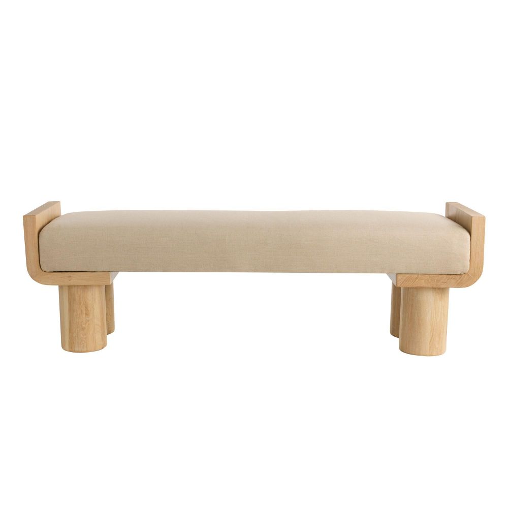 Bellini Bench, shown in beige and natural light oak with fabric upholstery, solid wood, and fixed cylindrical leg base.