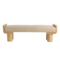 Bellini Bench, shown in beige and natural light oak with fabric upholstery, solid wood, and fixed cylindrical leg base.