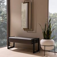 Alternate view of Fairmere Bench, featuring smooth upholstery finish, leather, metal, and a open sled base.