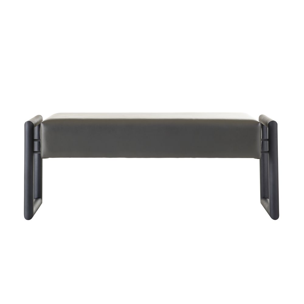 Fairmere Bench, shown in charcoal gray and matte black with leather, metal, and a open sled base.