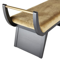 Alternate view of Daiki Bench, featuring brushed brass finish, wood, velvet, and a backless multiperson bench seat.
