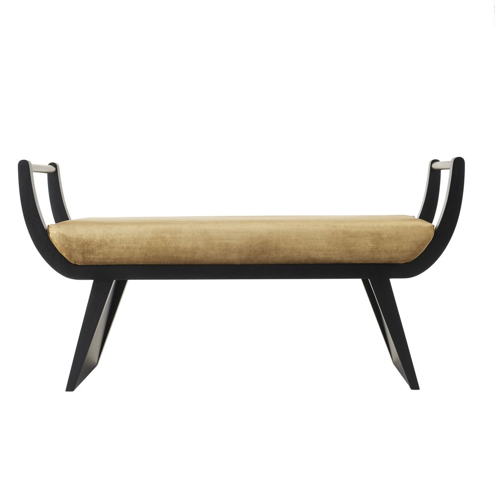 Daiki Bench, shown in black and gold with wood, velvet, and a backless multiperson bench seat.