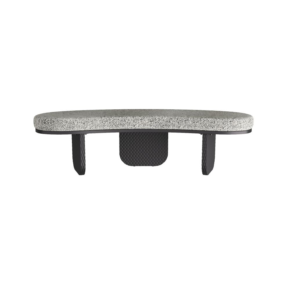Nayeli Bench, shown in heathered gray and black with upholstered fabric, woven cane or rattan, and backless bench seating.