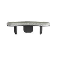 Nayeli Bench, shown in heathered gray and black with upholstered fabric, woven cane or rattan, and backless bench seating.