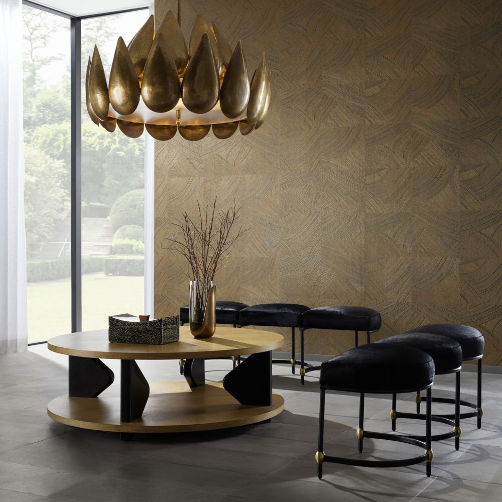 Additional view of Jules Bench, featuring polished brass accents, leather, metal, and three-seat modular bench configuration.
