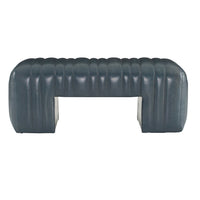 Roselake Bench, shown in blue-gray and slate blue with leather and open u-shaped base clearance.