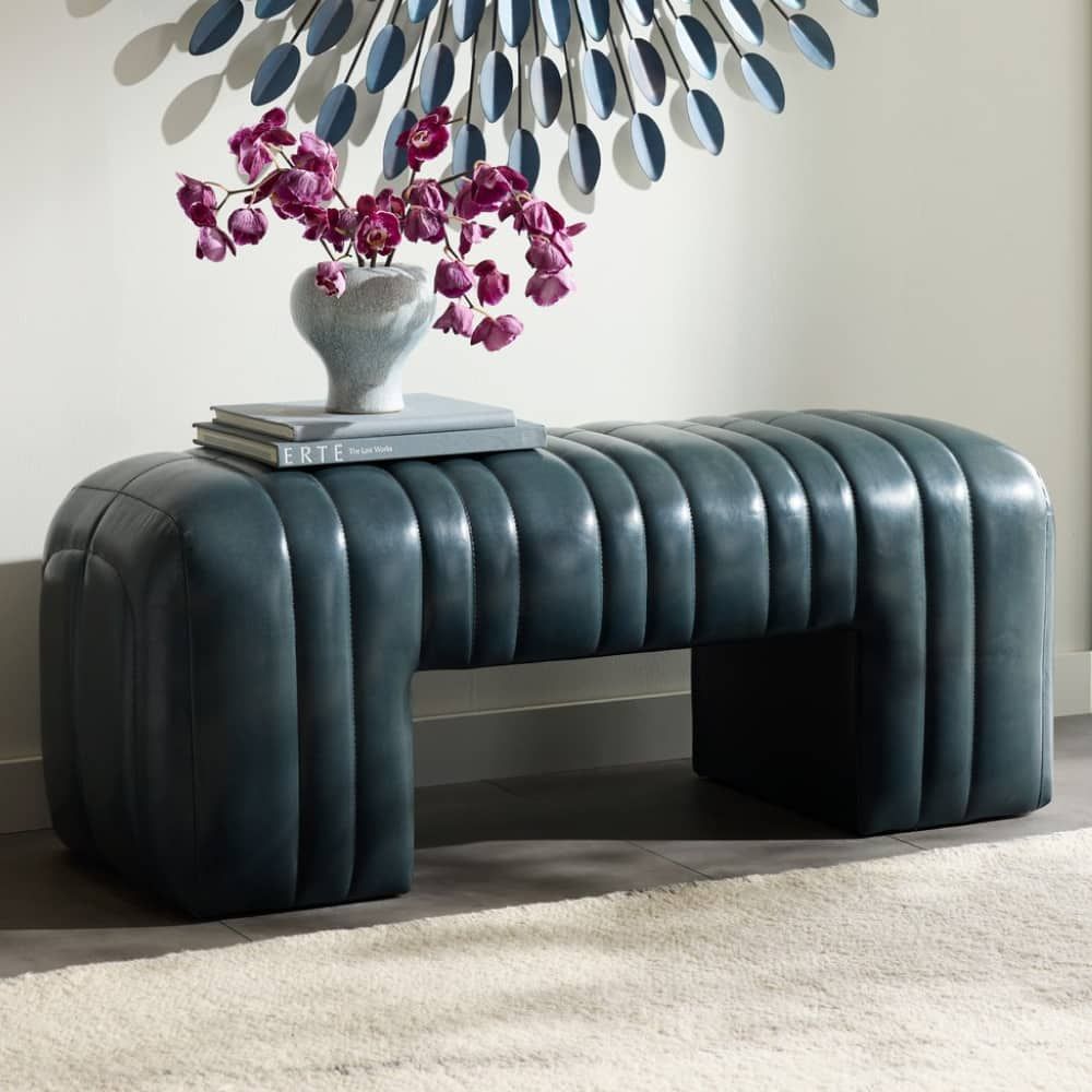 Alternate view of Roselake Bench, featuring semi-gloss finish, leather, and open u-shaped base clearance.