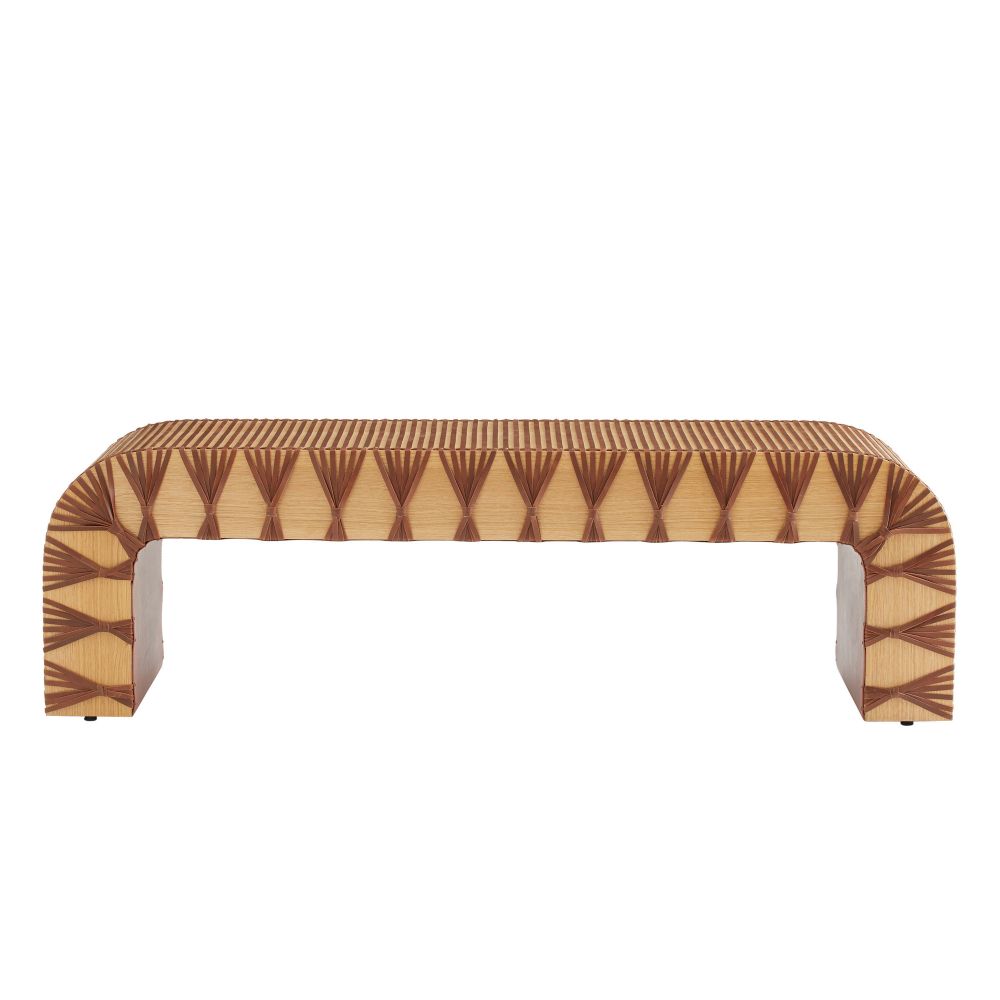 Roldan Waterfall Bench with Leather Straps, shown in natural oak tan and medium brown with wood and leather.