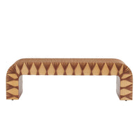 Roldan Waterfall Bench with Leather Straps, shown in natural oak tan and medium brown with wood and leather.