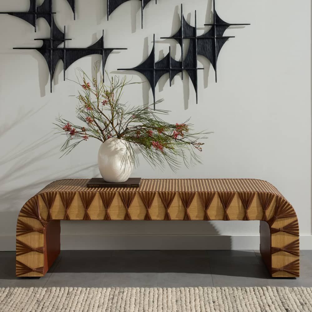 Alternate view of Roldan Waterfall Bench with Leather Straps in natural oak tan and medium brown.
