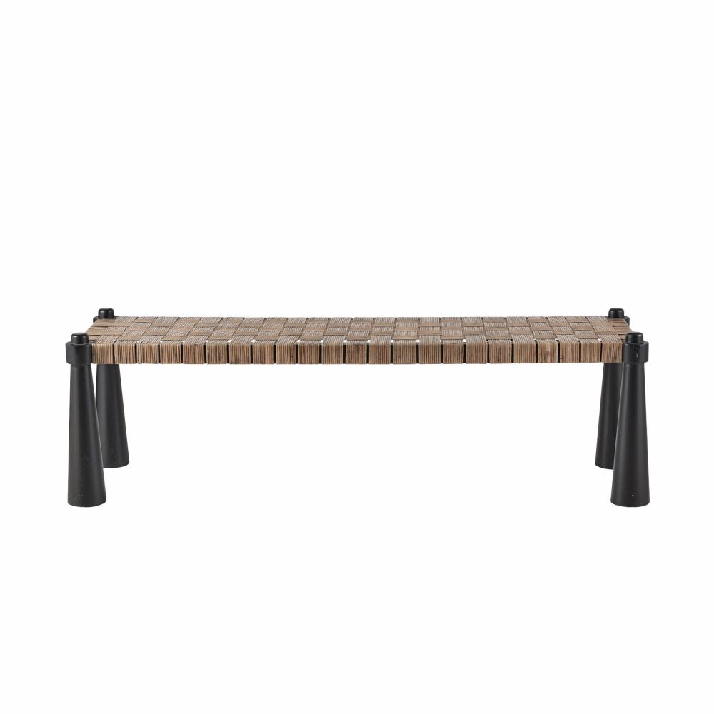 Lisette Bench, shown in medium brown and dark brown with wood, woven wood strips, and four-legged freestanding base.