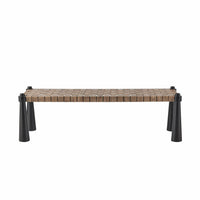Lisette Bench, shown in medium brown and dark brown with wood, woven wood strips, and four-legged freestanding base.