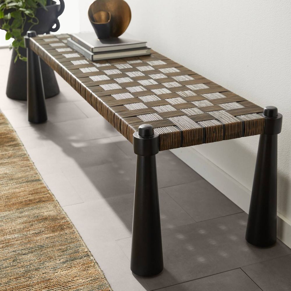 Alternate view of Lisette Bench, featuring matte finish, wood, woven wood strips, and four-legged freestanding base.
