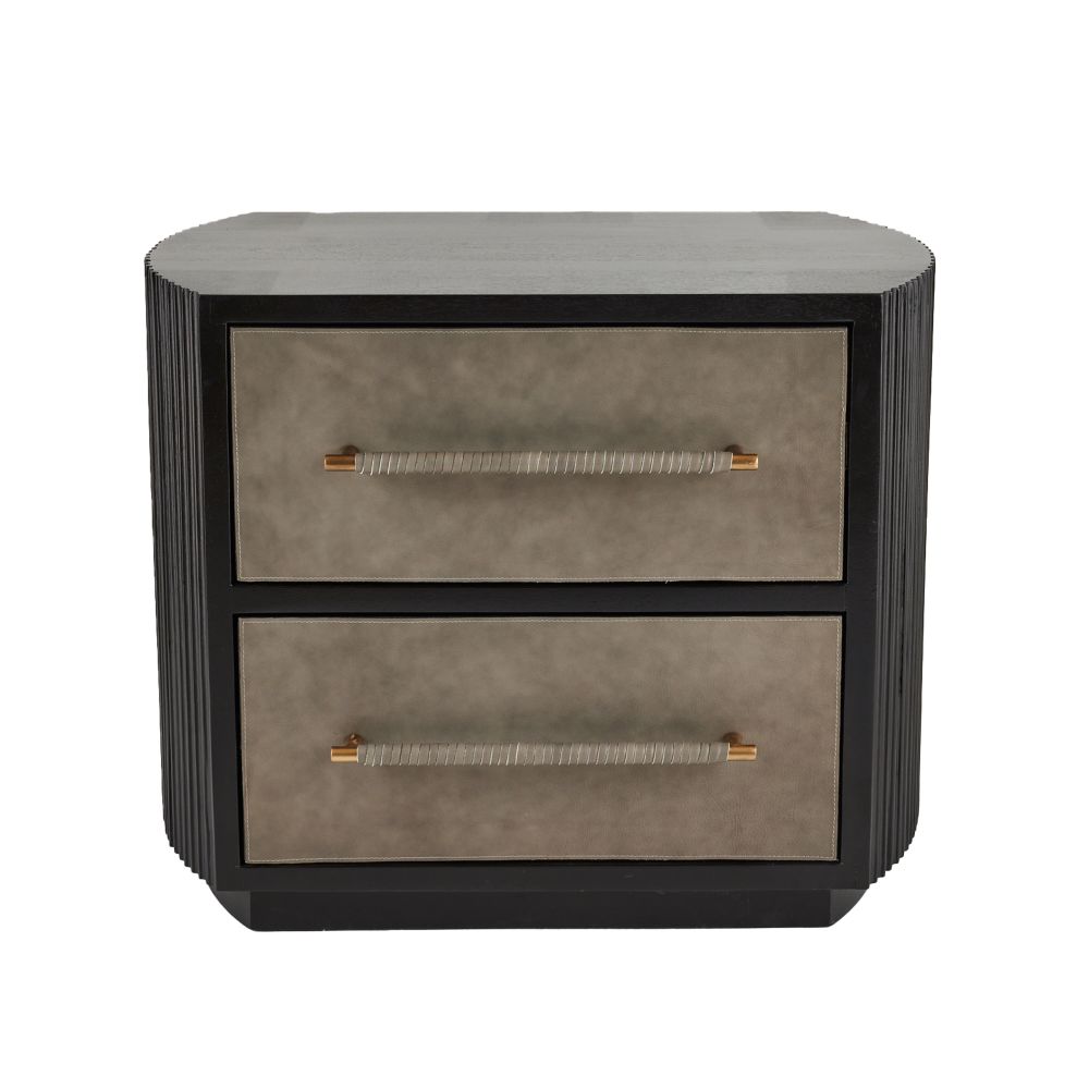 Liliana Side Table, shown in black and taupe gray with wood, leather or faux leather, and two stacked full-width drawers.