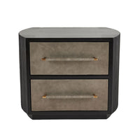 Liliana Side Table, shown in black and taupe gray with wood, leather or faux leather, and two stacked full-width drawers.