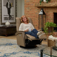 Additional view of Paris Swing Relaxer in taupe and beige, featuring matte black base and power recline mechanism.